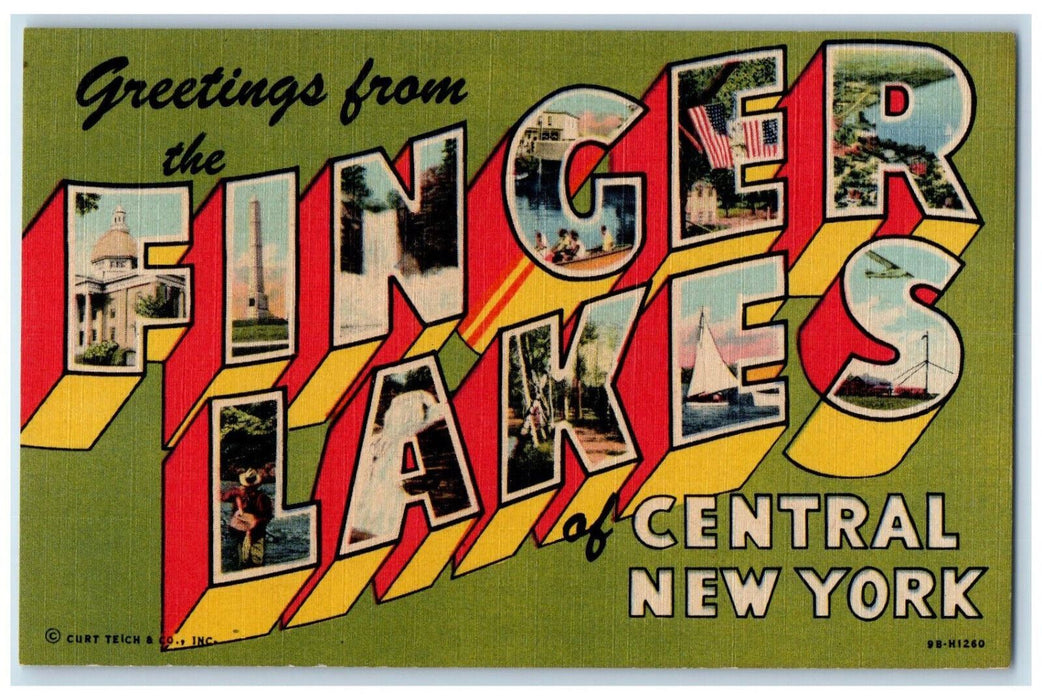 c1950's Big Letters, Greetings from the Finger Lakes of Central NY Postcard