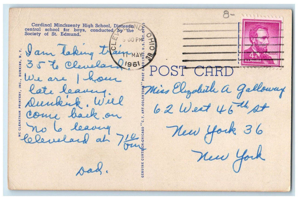 1961 Cardinal Mindszenty High School, Dunkirk New York NY Posted Postcard