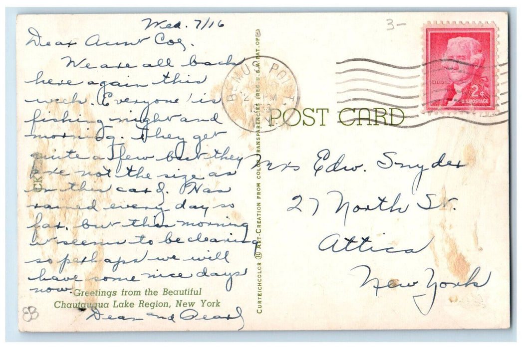 1953 Fishing, Boat, Greetings from Chautauqua Lake Region NY Postcard