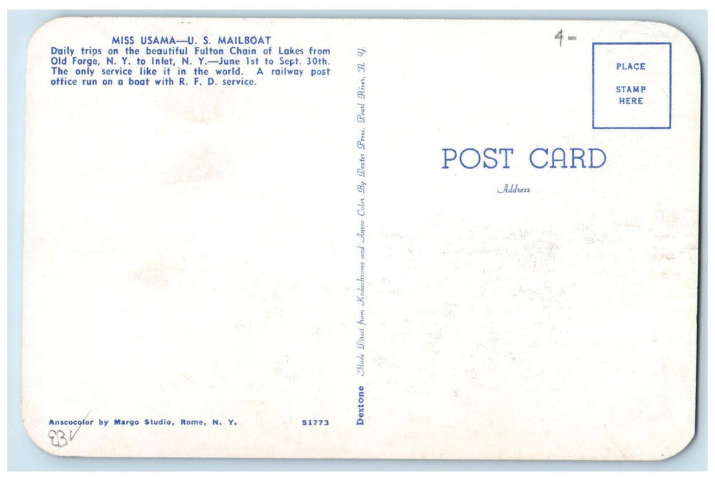 c1950's Miss Usama US Mailboat From Old Forge NY to Inlet NY Postcard