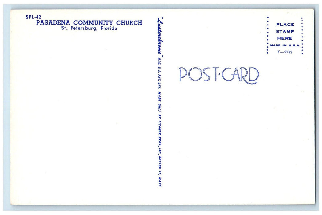 c1960's Pasadena Community Church St. Petersburg Florida FL Postcard
