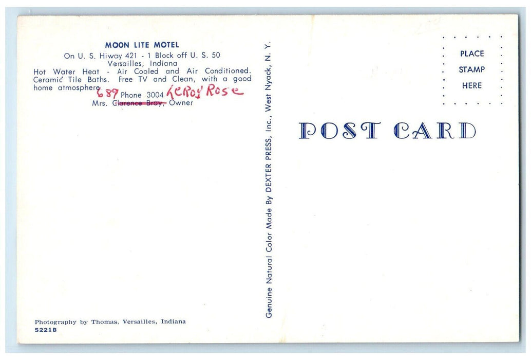 c1940's Moon Lite Motel Roadside Versailles Indiana IN Unposted Vintage Postcard