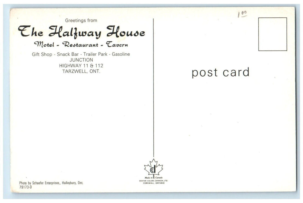 Halfway House Motel Restaurant Cars Gas Station Tarzwell Ontario Canada Postcard