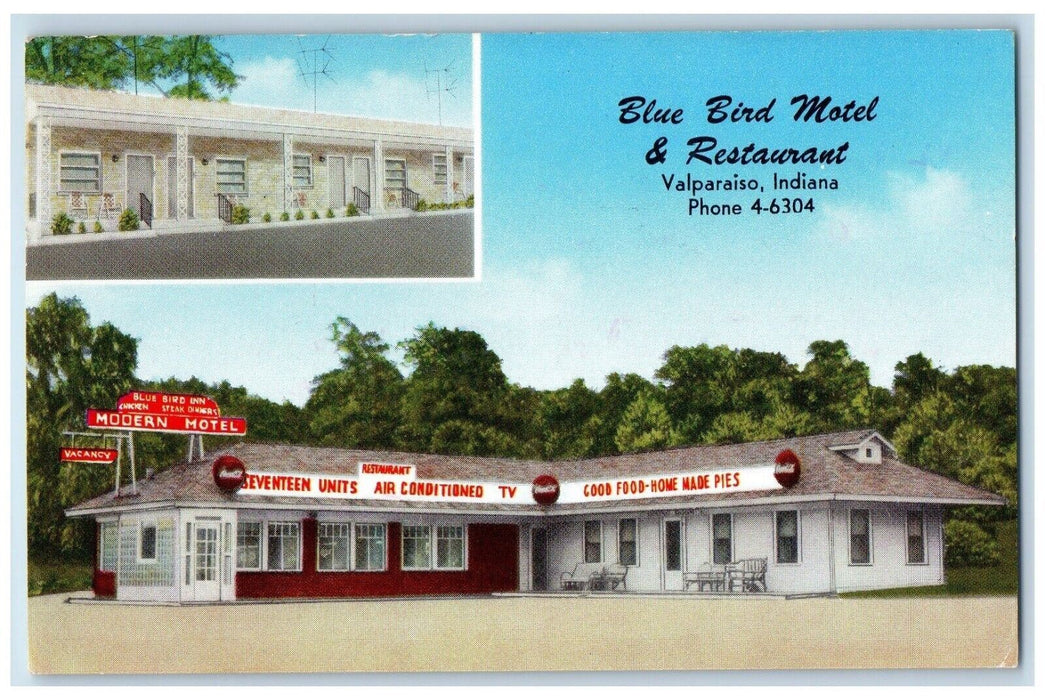 1959 Blue Bird Motel & Restaurant Valparaiso Indiana IN Posted Vintage Postcard