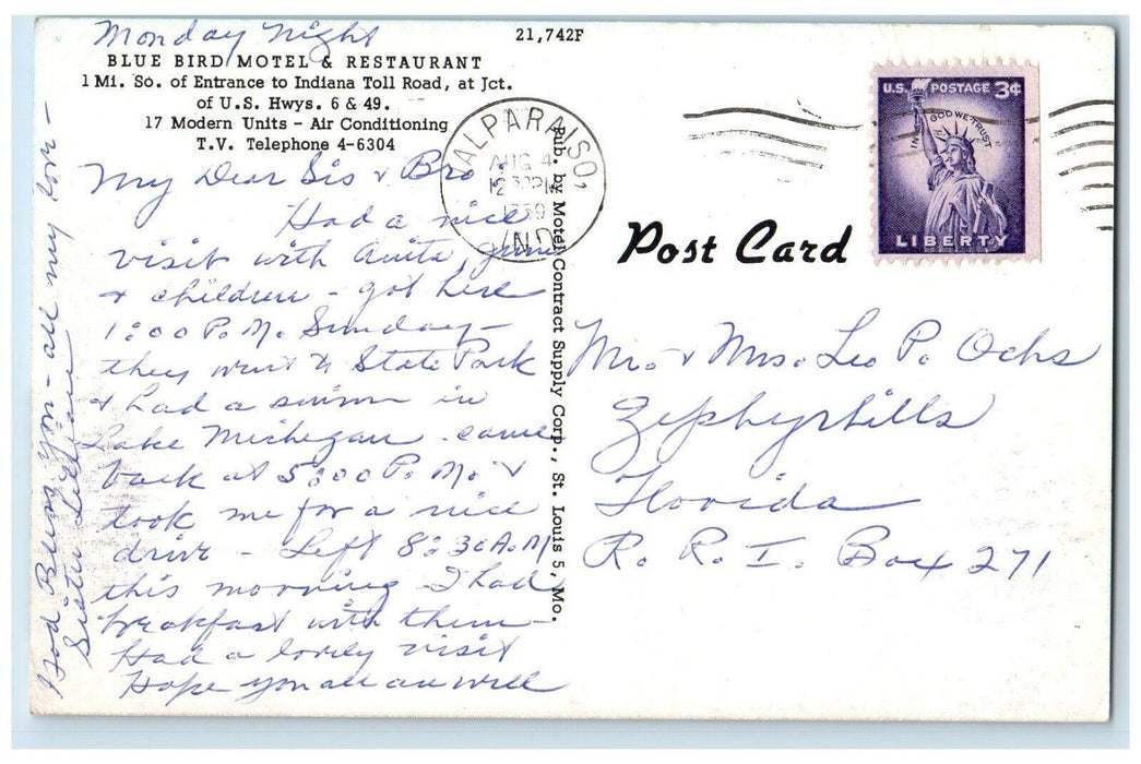 1959 Blue Bird Motel & Restaurant Valparaiso Indiana IN Posted Vintage Postcard