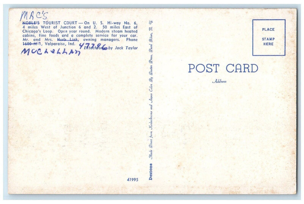 c1950's Nobles Tourist Court Motel Roadside Valparaiso Indiana IN Postcard