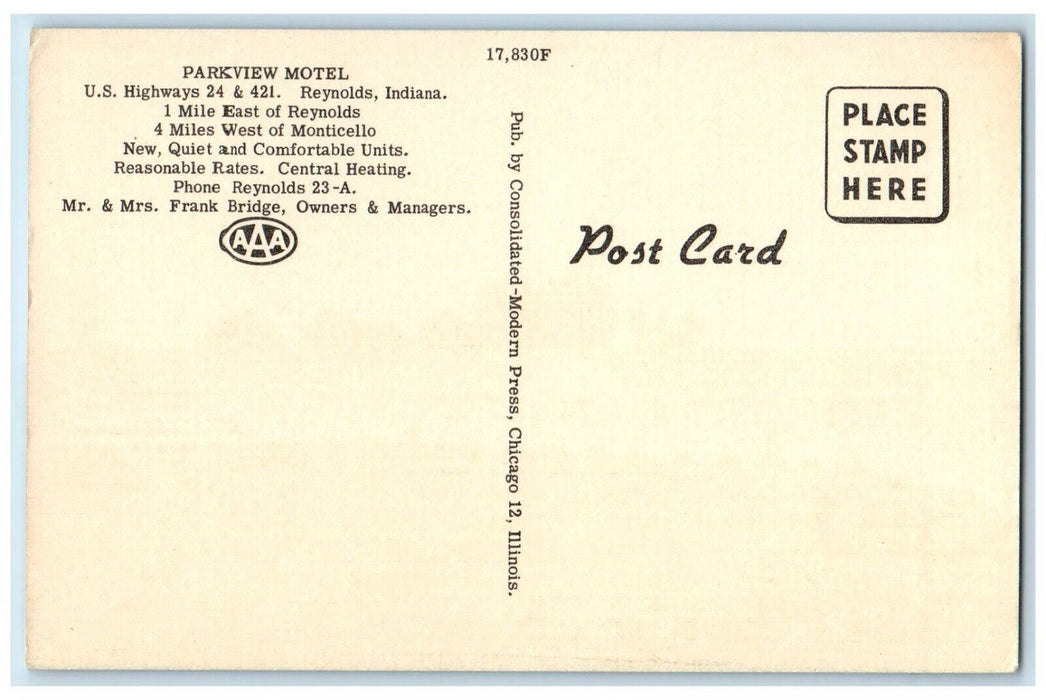 c1950's Park View Motel U.S Hwy 24 & 421 Reynolds Indiana IN Vintage Postcard