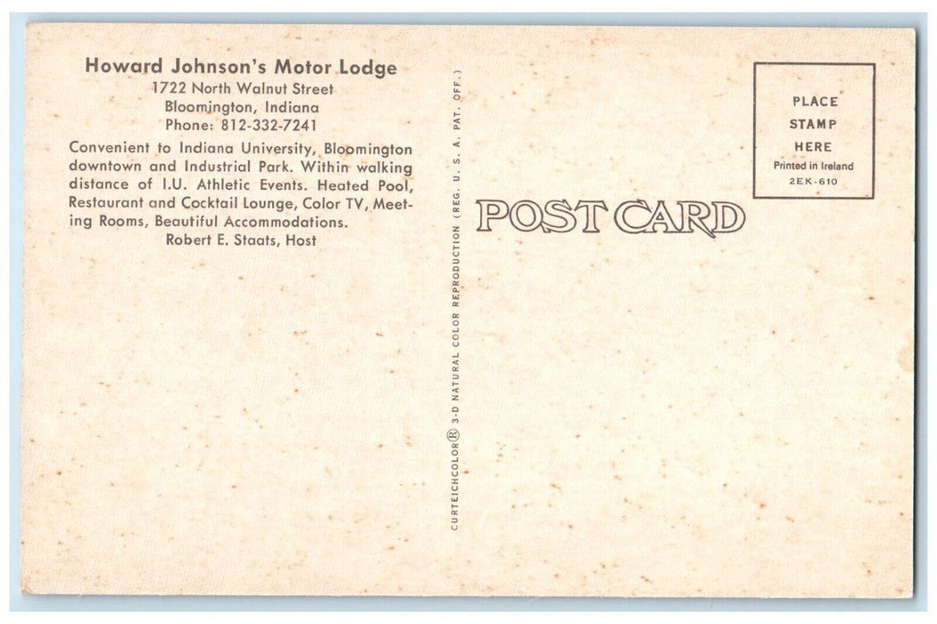 Howard Johnson Restaurant Motor Lodge Cars Bloomington Indiana IN Postcard