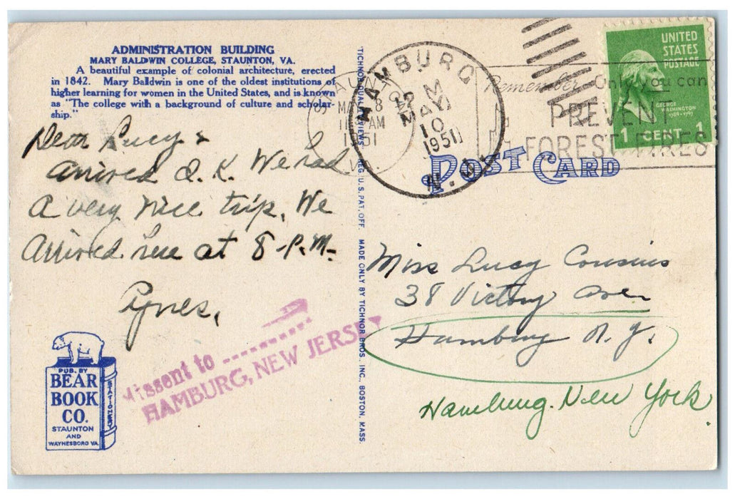 1951 Vista Administration Building Mary Baldwin College VA Hamburg NJ Postcard