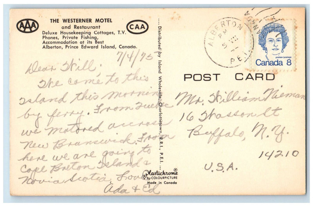 1975 The Westerner Motel and Restaurant Alberton PEI Canada Postcard