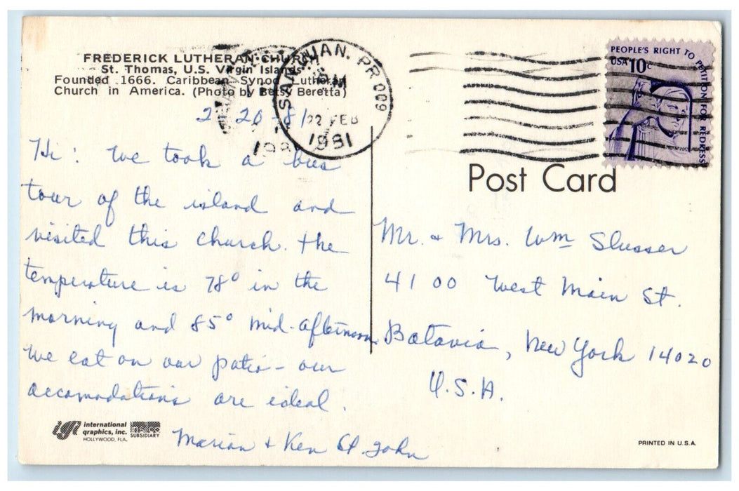 1981 Frederick Lutheran Church, St. Thomas US Virgin Islands Postcard