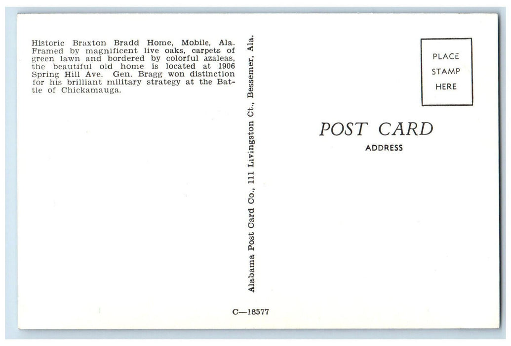c1960's Home of Confederate Gen. Bragg Braxton Bradd Home Mobile AL Postcard