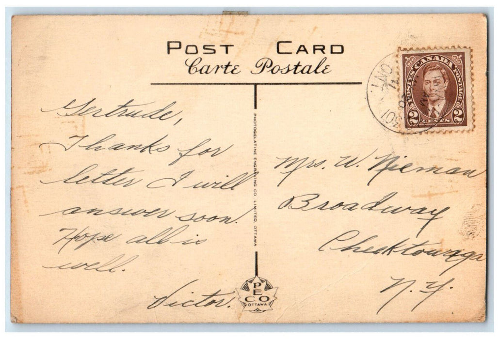 1941 Interprovincial Bridge, Hull Quebec, Parliament Bldg. Canada Postcard