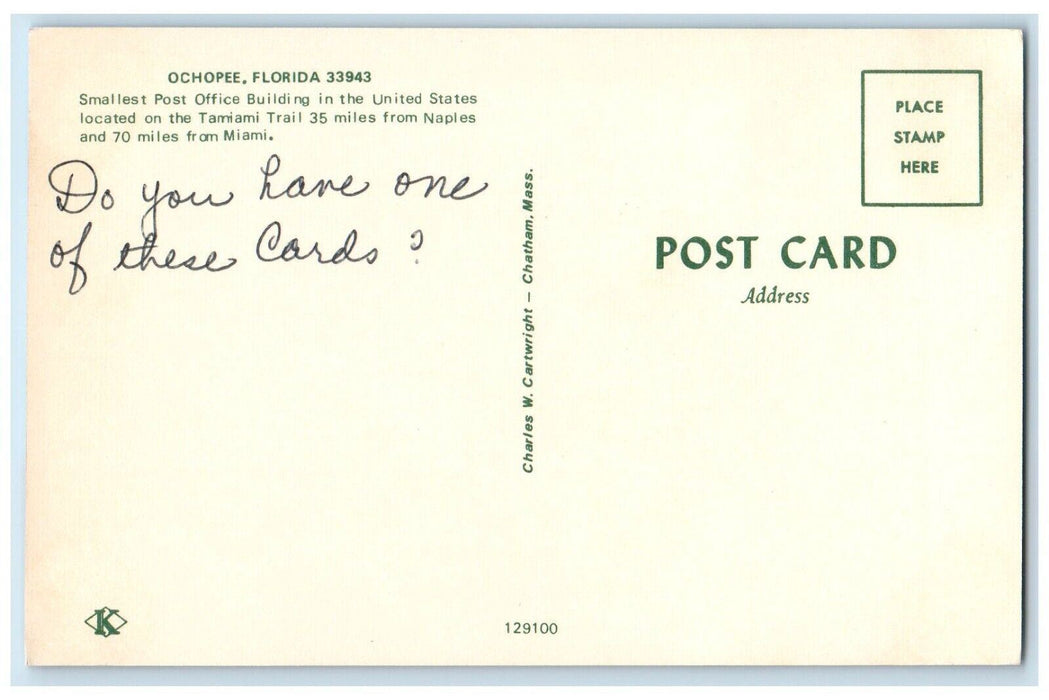 Ochopee Florida FL, Smallest Post Office Building At Tamiami Trail Postcard