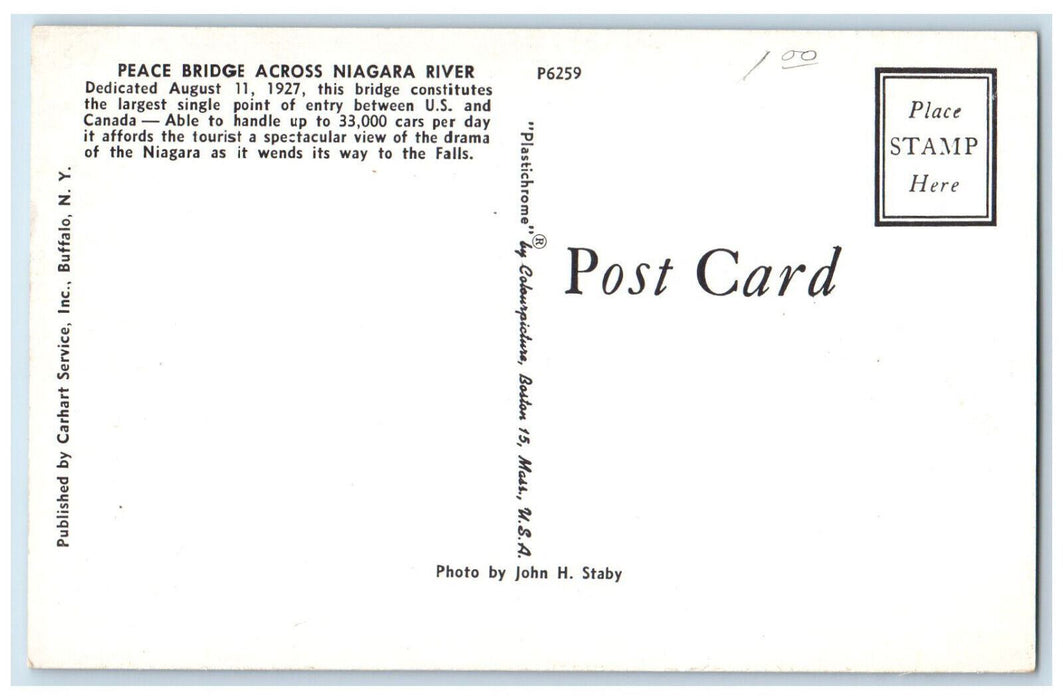 c1950's Peace Bridge Across Niagara River Between US and Canada Postcard