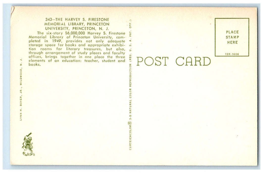 c1960's The Harvey S Firestone Memorial Library Princeton University NJ Postcard