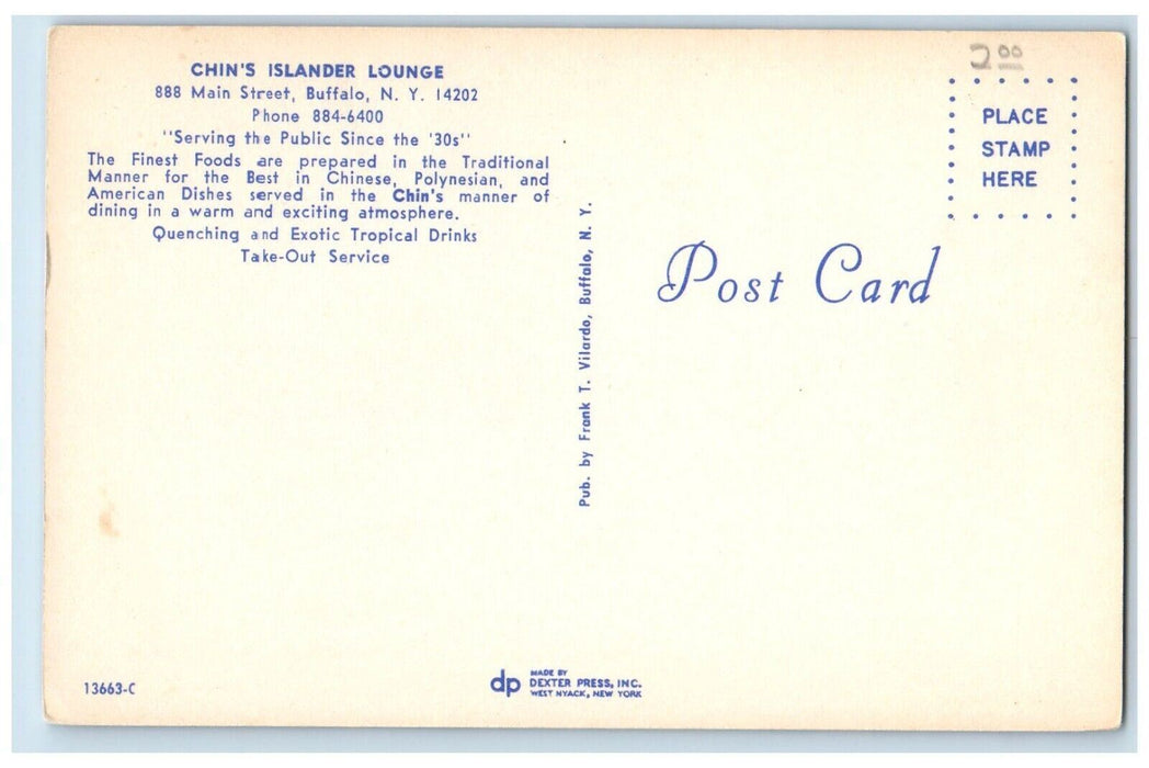 Chin's Islander Lounge Restaurant Dining Room Buffalo New York NY Postcard