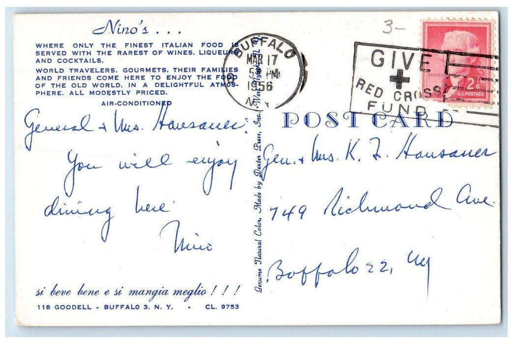 1956 Nino's Italian Food Restaurant Dining Room Buffalo New York NY Postcard