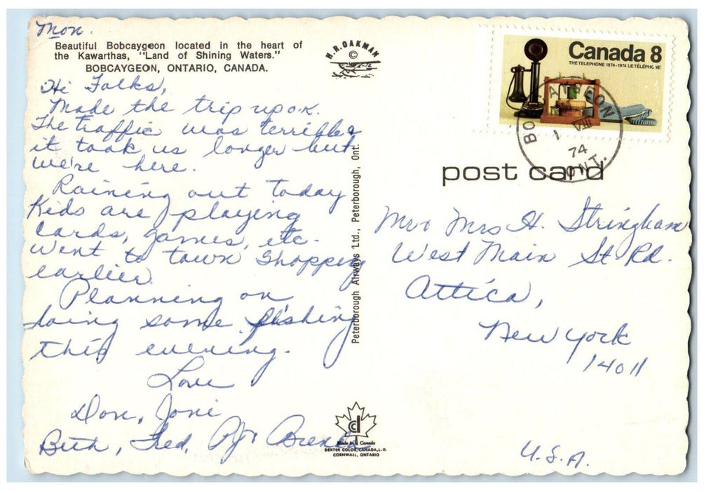 1974 River Scene, "Land of Shining Waters" Bobcaygeon Ontario Canada Postcard