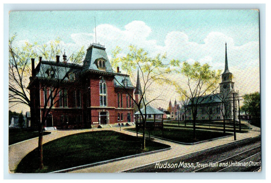 c1910 Town Hall and Unitarian Church, Hudson Massachusetts MA Postcard