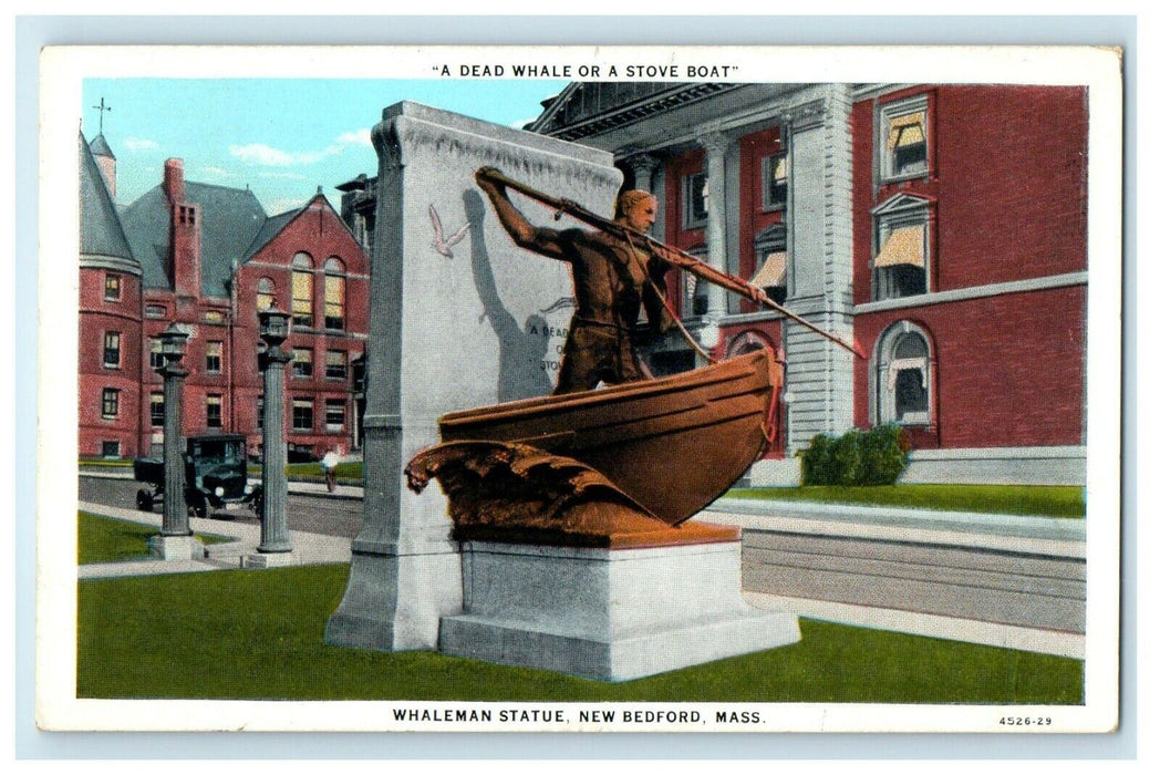 1930 A Dead Whale Or A Stove Boat Whaleman Statue New Bedford MA Postcard