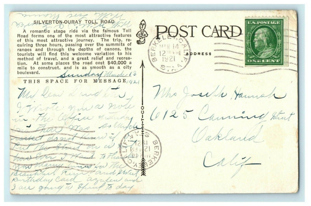 1921 Silverton Ouray Toll Road Colorado CO Mt. Abrams Posted Antique Postcard