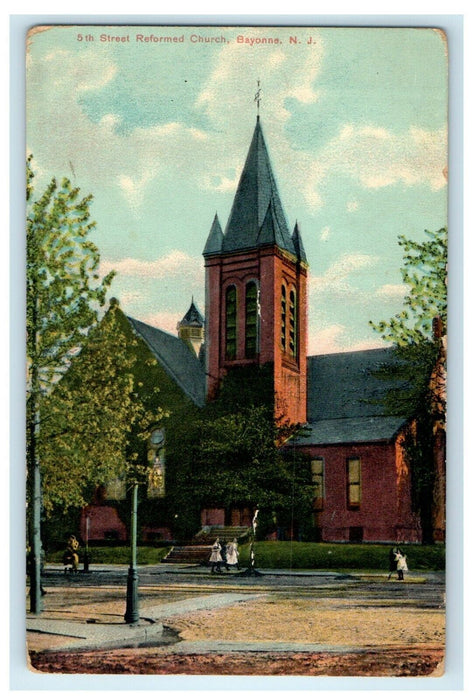 1909 5th Street Reformed Church Street View Bayonne New Jersey NJ Postcard