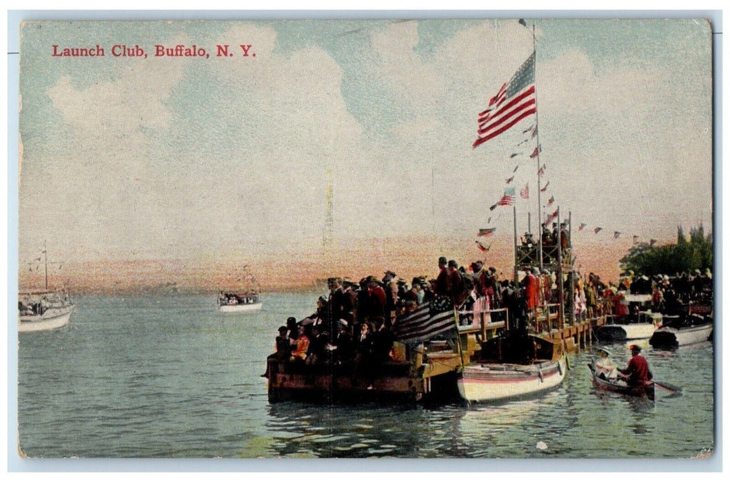 1910 Launch Club Boats Patriotic Flags Buffalo New York NY Antique Postcard