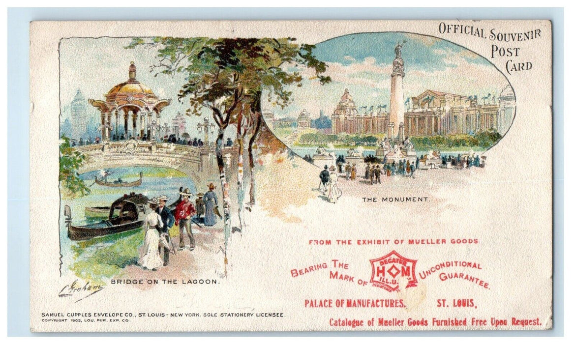 1904 Mueller Goods Advertising St. Louis World's Fair Lagoon Monument Postcard