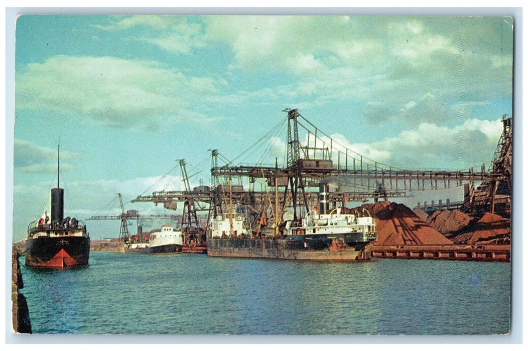 c1950's Ore Boats Unloading Iron Buffalo Steel Mills New York NY Postcard