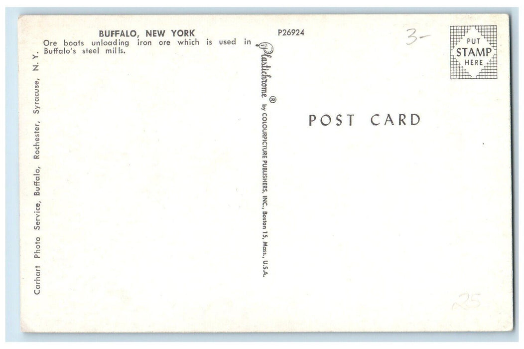 c1950's Ore Boats Unloading Iron Buffalo Steel Mills New York NY Postcard