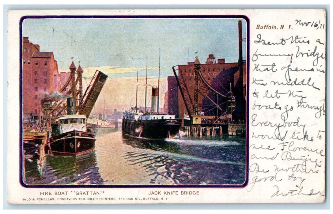 1911 Fire Boat Grattan At Jack Fire Bridge Buffalo New York NY Antique Postcard