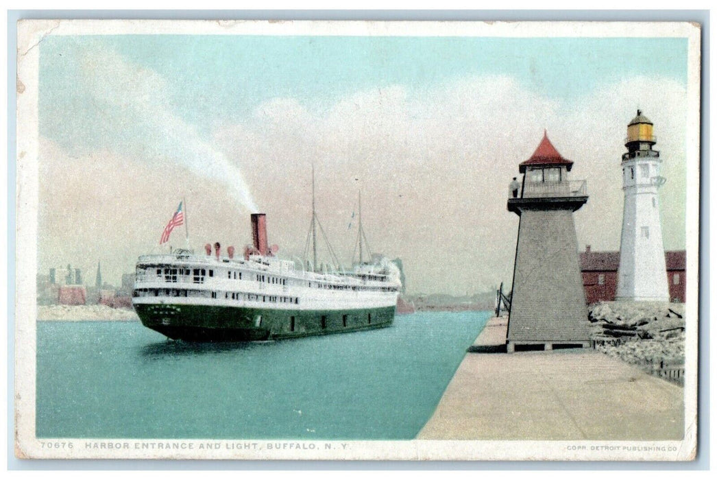 1921 Harbor Entrance And Light Buffalo NY, Steamer Ship Phostint Postcard