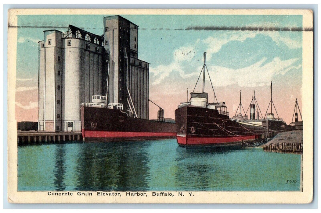 1923 Concrete Grain Elevator Harbor Buffalo New York NY, Steamer Ship Postcard