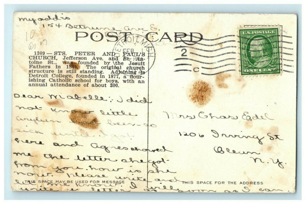 1912 Jesuit Church and Detroit College Michigan MI Posted Antique Postcard