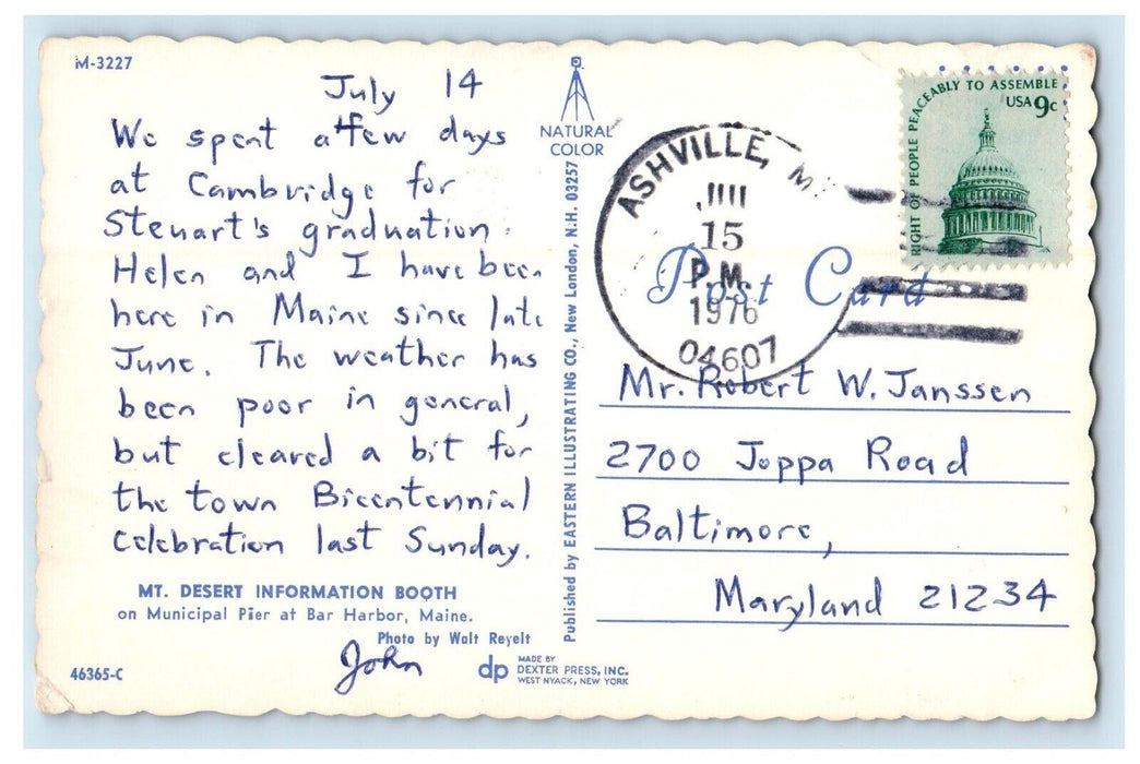 1976 Mt. Desert Information Booth Municipal Pier Bar Harbor Maine ME Postcard