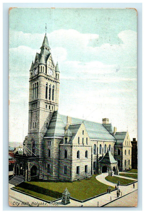 c1908 Scene at City Hall, Holyoke, Massachusetts MA Antique Postcard