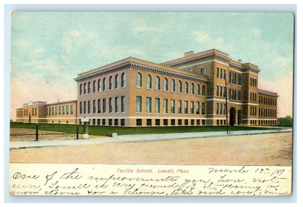 1907 Textile School Building Along Street Lowell Massachusetts MA Postcard