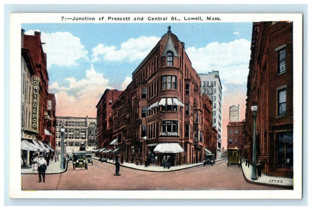 c1920's Junction Of Prescott And Central Cars Lowell Massachusetts MA Postcard