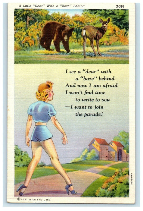 1940 Dear With Bear Behind Girl Short Skirt Comic Funny Saylorsburg PA Postcard