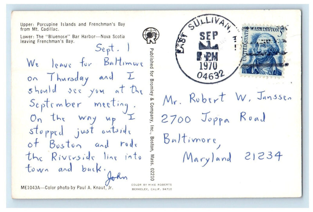 1970 Greetings From Bar Harbor Maine ME, Bluenose Porcupine View Postcard