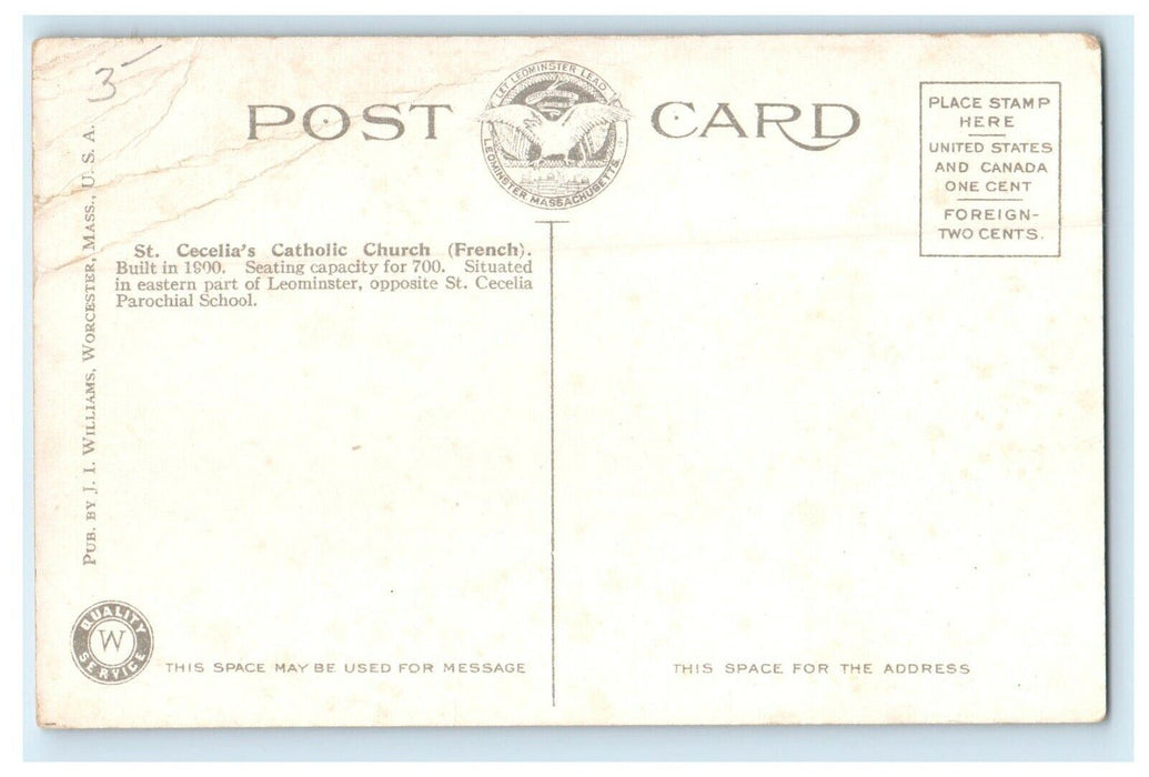 c1910 St. Cecelia's Catholic Church Leominster Massachusetts MA Antique Postcard