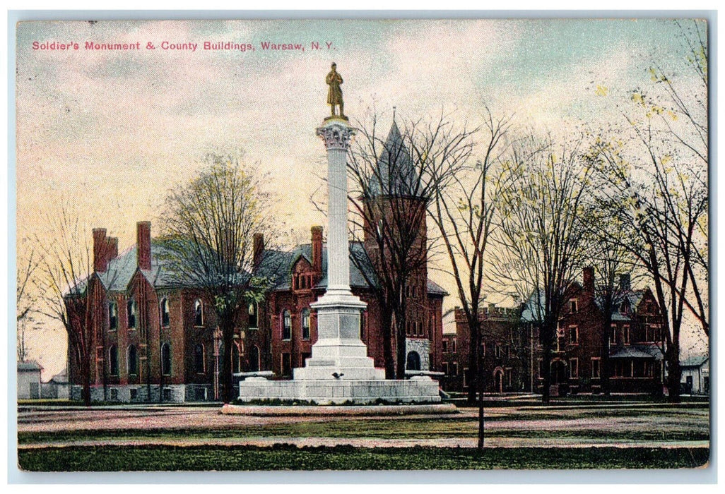 1909 Soldier's Monument & County Buildings Warsaw New York NY Postcard