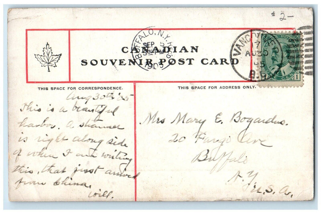 1905 Harbour Looking East Vancouver B.C Canada, Sea View Steamer Ship Postcard