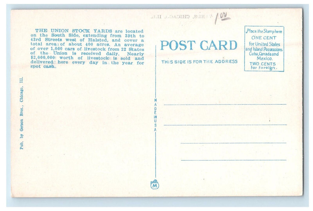 c1920s Union Stock Yards Chicago Illinois IL Unposted Gerson Bros. Postcard