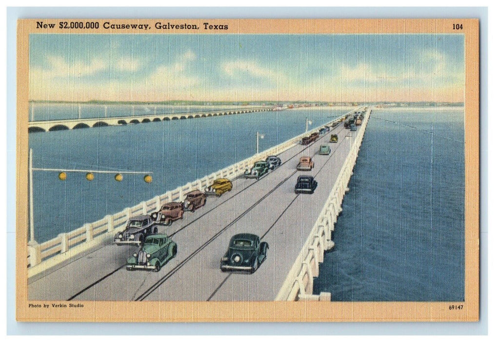 View Of Causeway Bridge Cars Galveston Texas TX Unposted Vintage Postcard