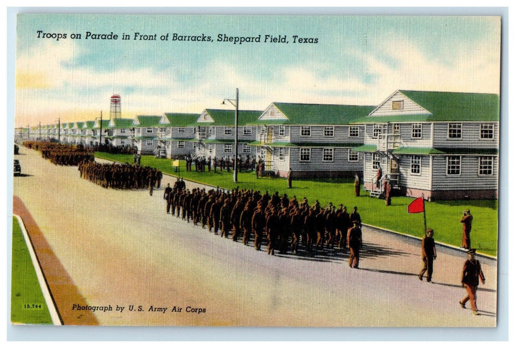 Troops On Parade Front Barracks Sheppard Field Texas TX Vintage Postcard
