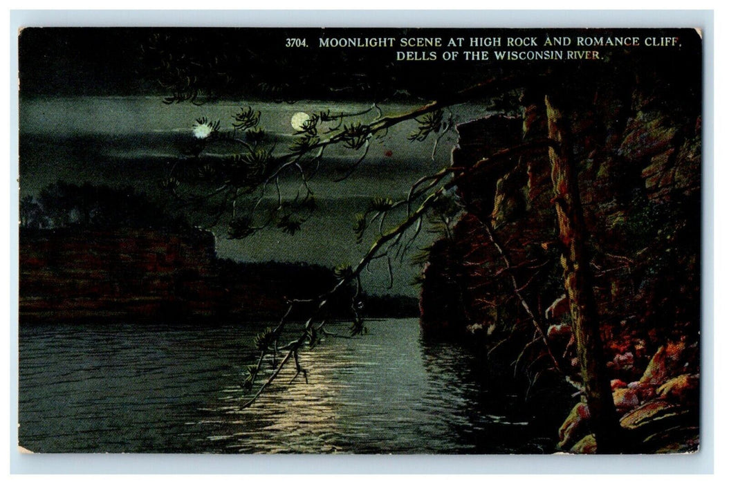 1919 Moonlight Scene High Rock Romantic Cliff Dells Wisconsin River WI Postcard