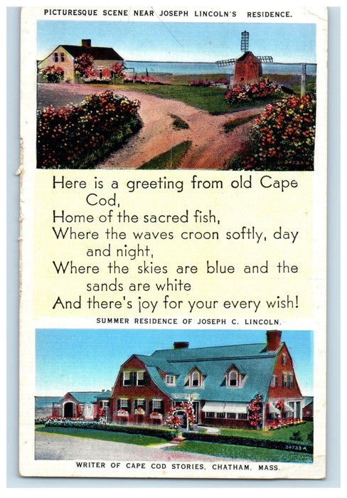 1938 Greetings From Old Cape Cod MA, Lincoln Residence Windmill Postcard