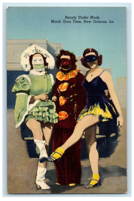c1940's Beauty Under Mask Mardi Gras Time New Orleans Louisiana LA Postcard